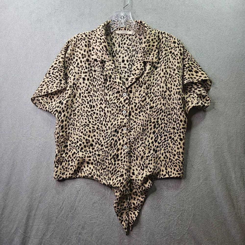 Ellison Leopard Print Blouse Bottom Tie Shirt Brown Black Womens Size S